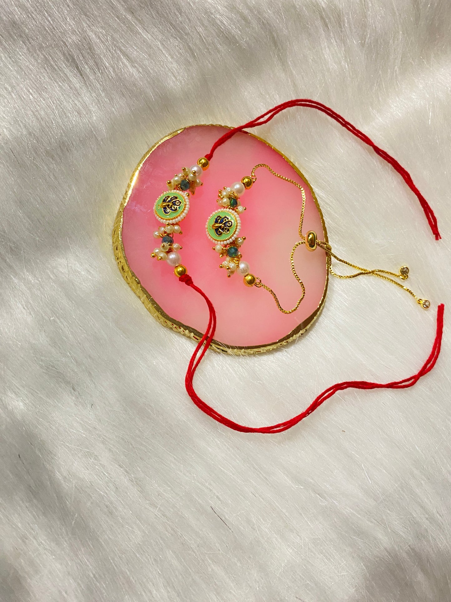 🦚 Peacock Rakhi Set of 2 | Traditional Rakhi for Couples with Beads & Pearls