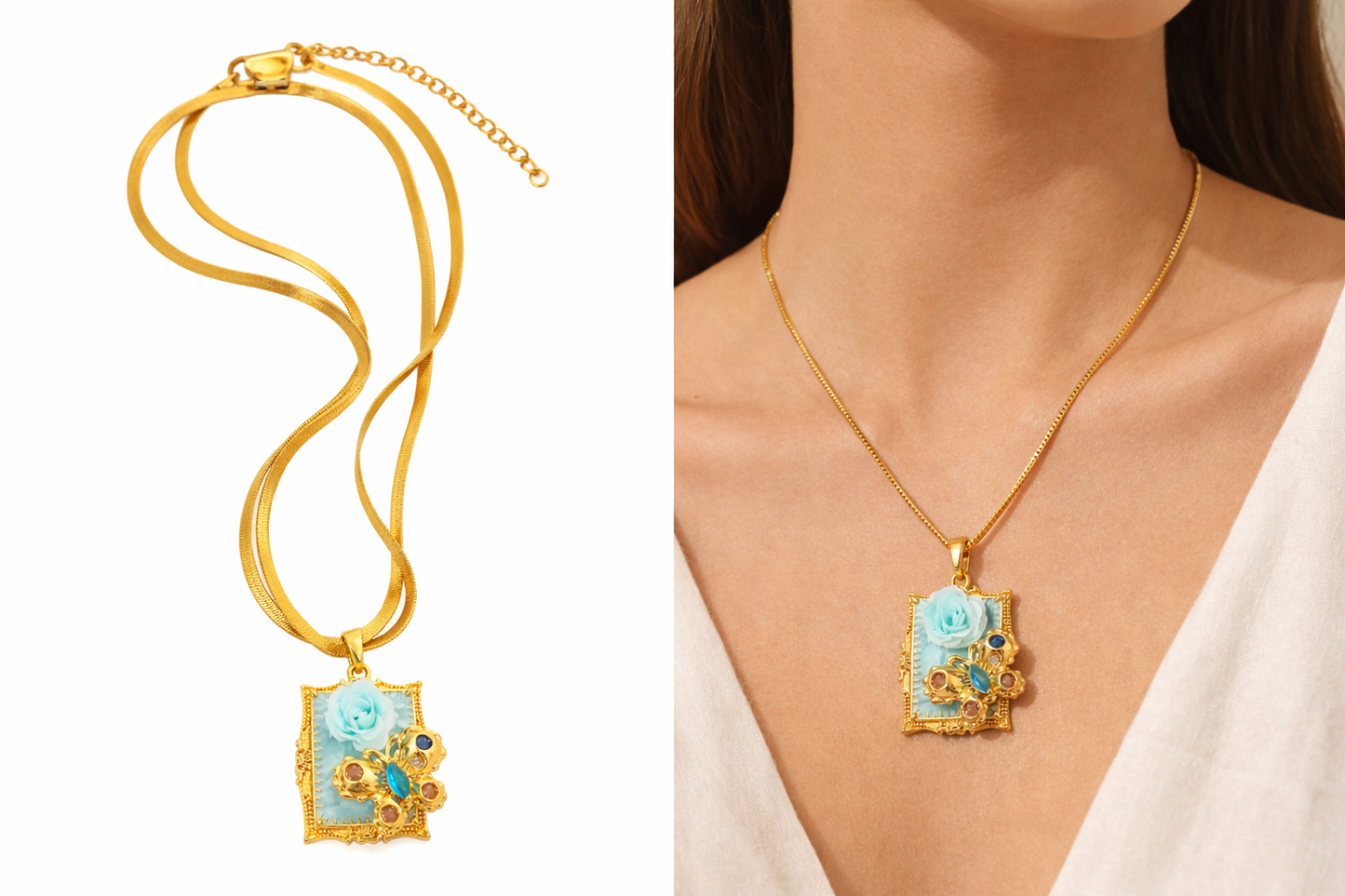 Blue Rose Statement Pendant Necklace