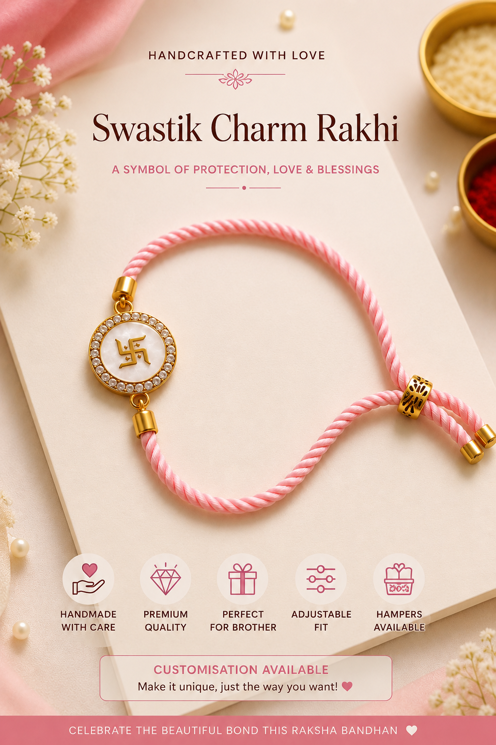 Handcrafted Pink Swastik Charm Rakhi |