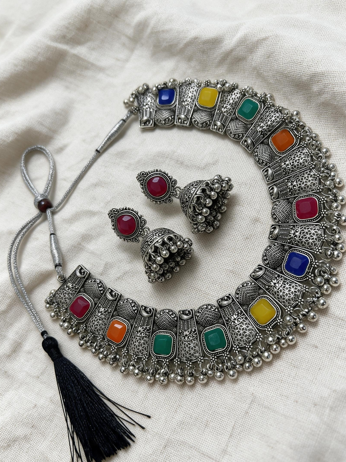 Multicolour Stone Oxidised Silver Choker Necklace & Earrings Set