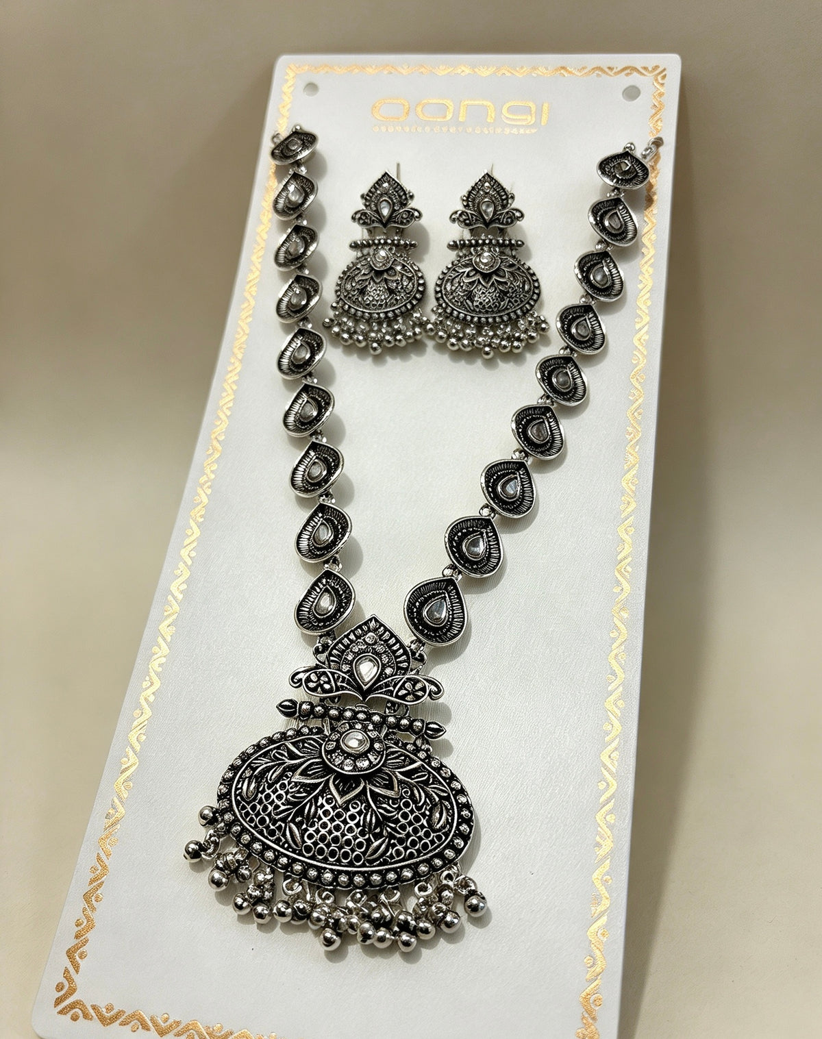 Oxidised Silver Long Rani Haar Necklace & Earrings Set