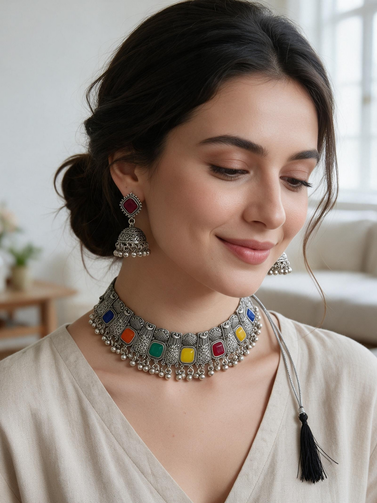 Multicolour Stone Oxidised Silver Choker Necklace & Earrings Set