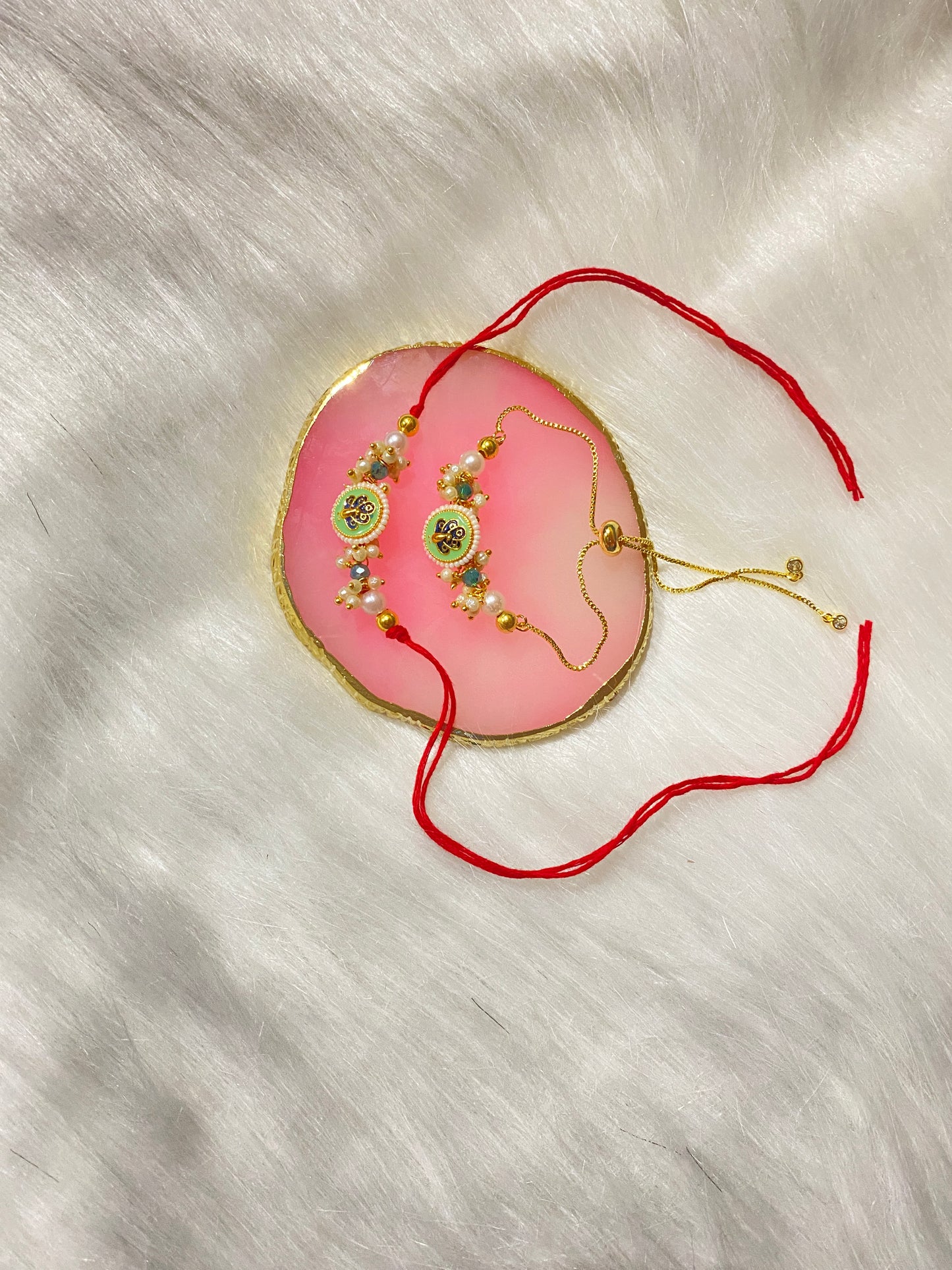 🦚 Peacock Rakhi Set of 2 | Traditional Rakhi for Couples with Beads & Pearls