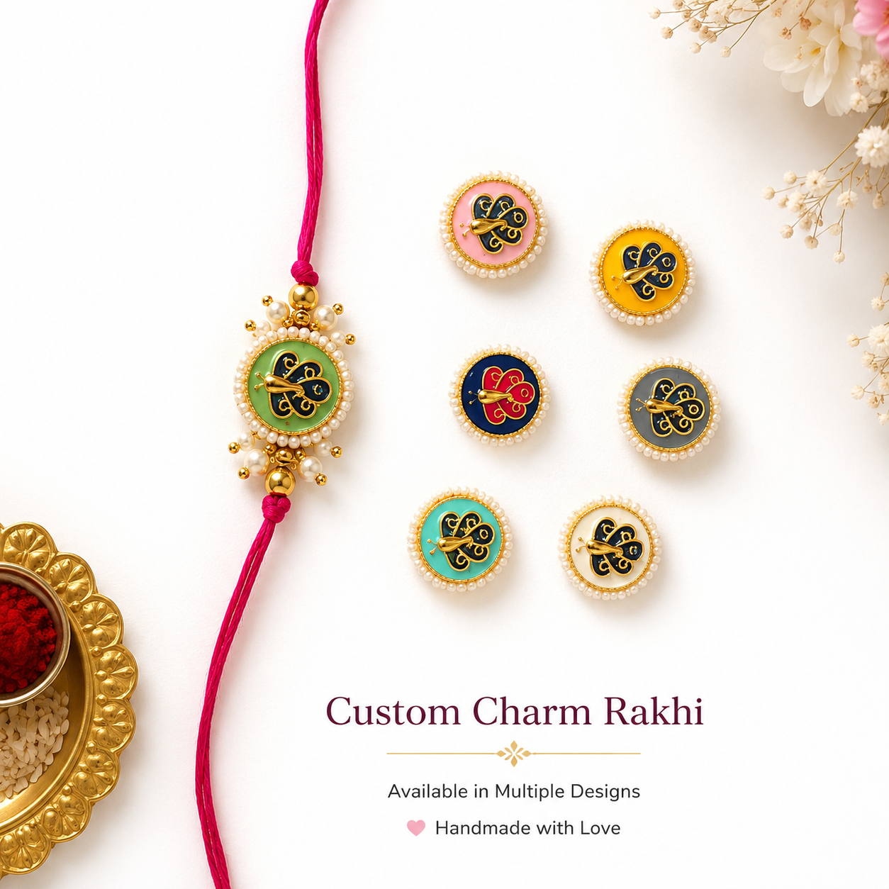 Custom Charm Rakhi – Handcrafted Pearl & Enamel Designer Rakhi (Pack of 12)