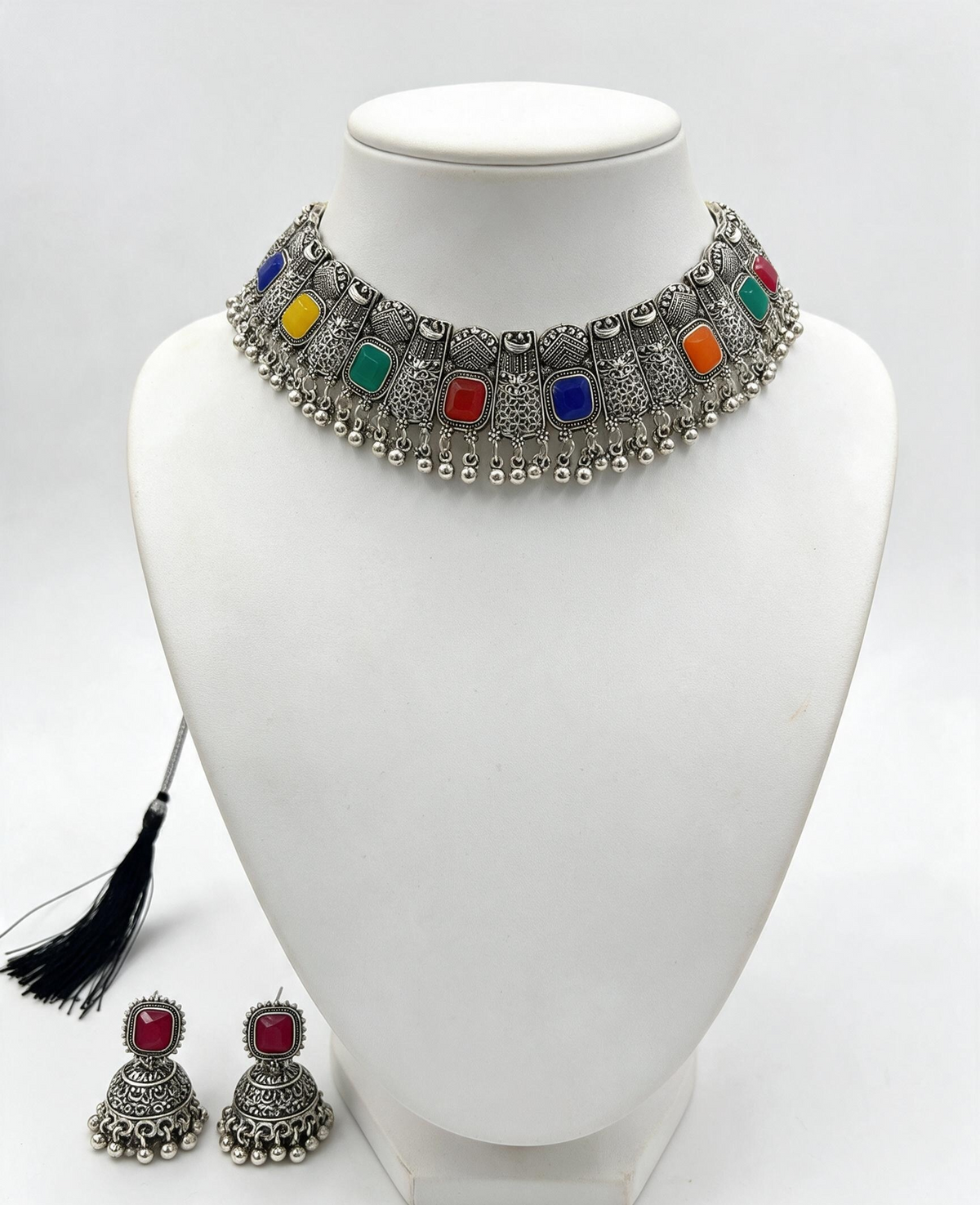 Multicolour Stone Oxidised Silver Choker Necklace & Earrings Set