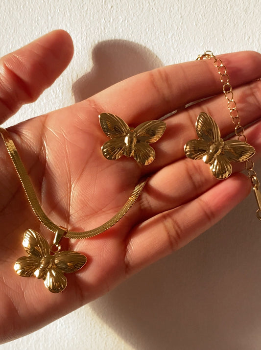 Butterfly Stainless Steel Necklace & Earrings Set – Gold
