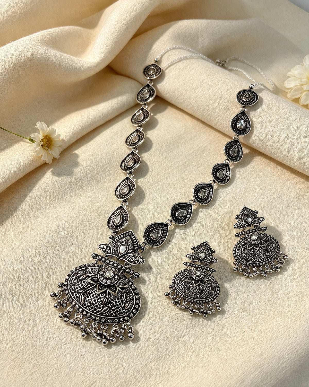 Oxidised Silver Long Rani Haar Necklace & Earrings Set