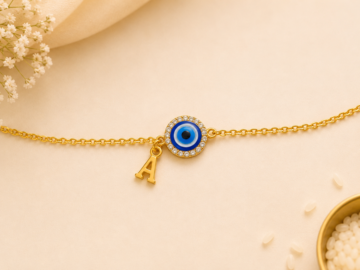 Personalised Evil Eye Initial Rakhi – Gold Letter A Protection Bracelet