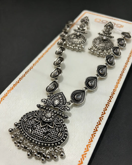 Oxidised Silver Long Rani Haar Necklace & Earrings Set