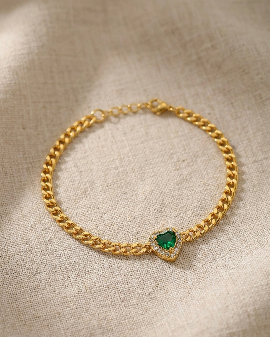 18k Gold Plated Heart Emerald Cuban Chain Bracelet