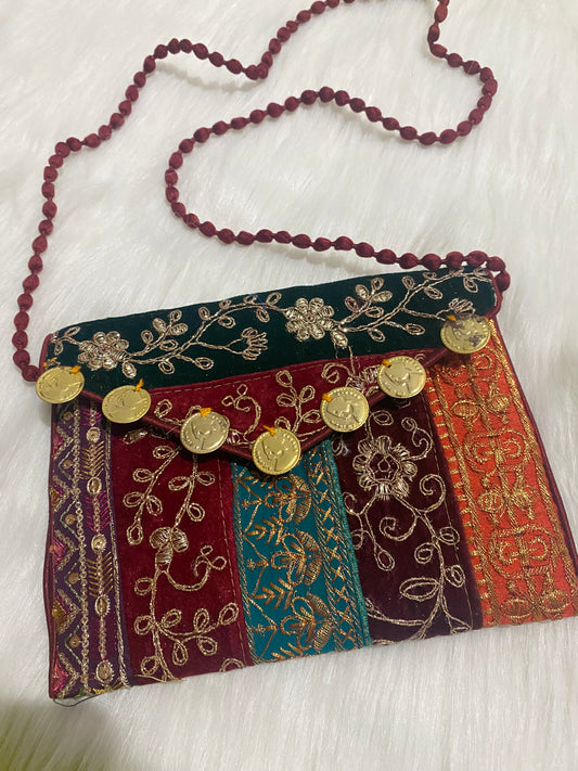 Handcrafted Embroidered Boho Sling Bag with Coin Detailing
