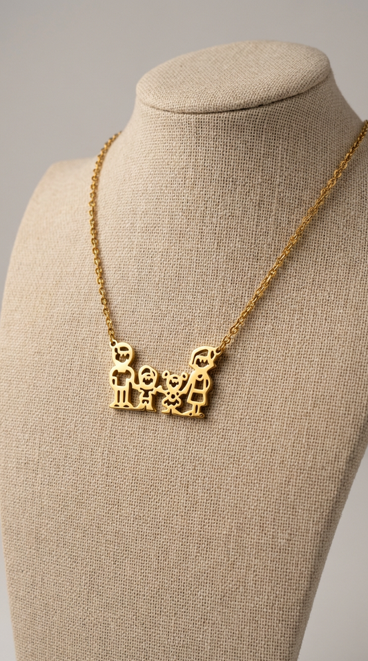 Family Pendant Necklace - 18K PVD Gold Plated Stainless Steel - Waterproof