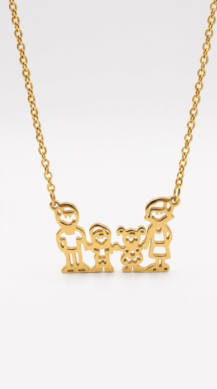 Family Pendant Necklace - 18K PVD Gold Plated Stainless Steel - Waterproof