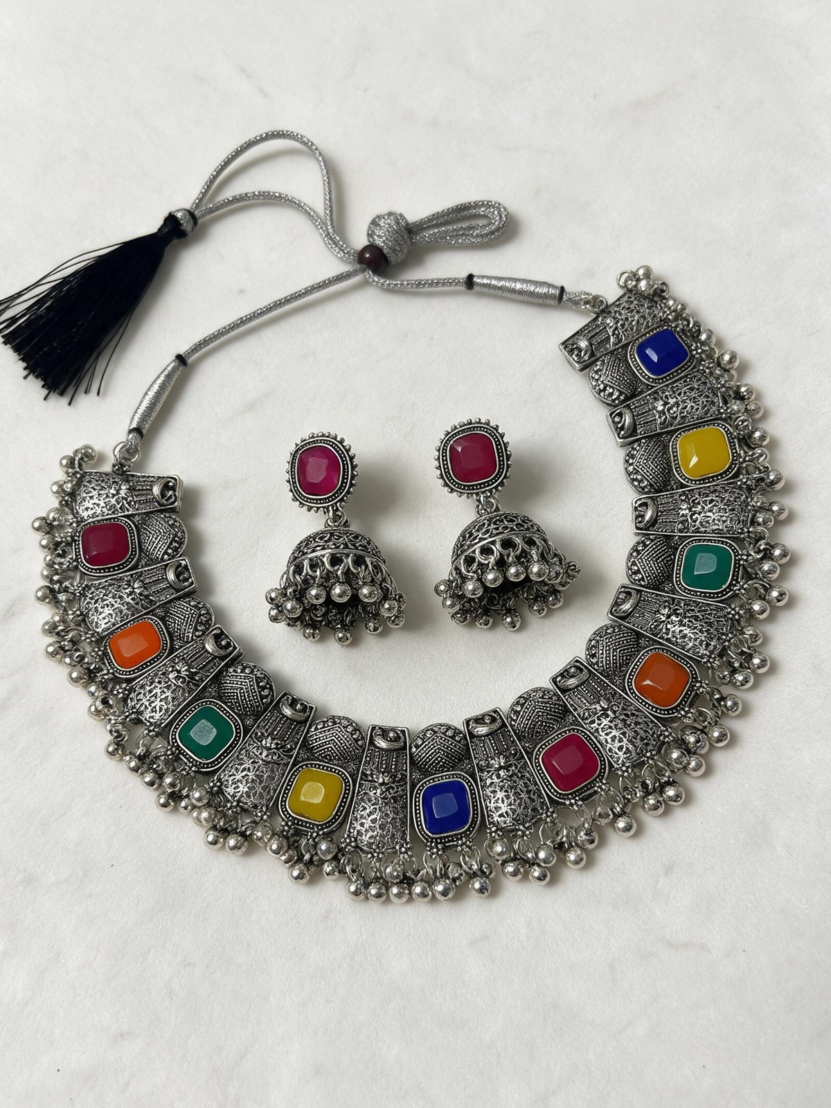 Multicolour Stone Oxidised Silver Choker Necklace & Earrings Set