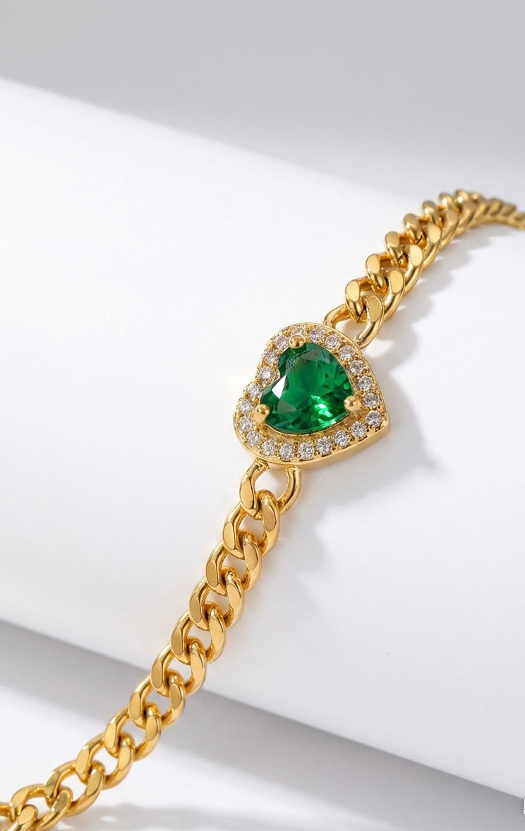 18k Gold Plated Heart Emerald Cuban Chain Bracelet