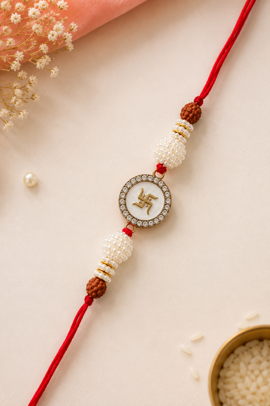 Swastik Pearl & Rudraksha Rakhi – Traditional Blessings Raksha Bandhan Bracelet
