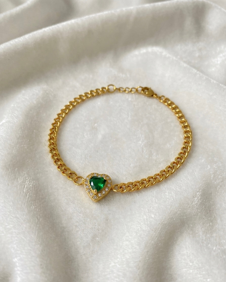 18k Gold Plated Heart Emerald Cuban Chain Bracelet