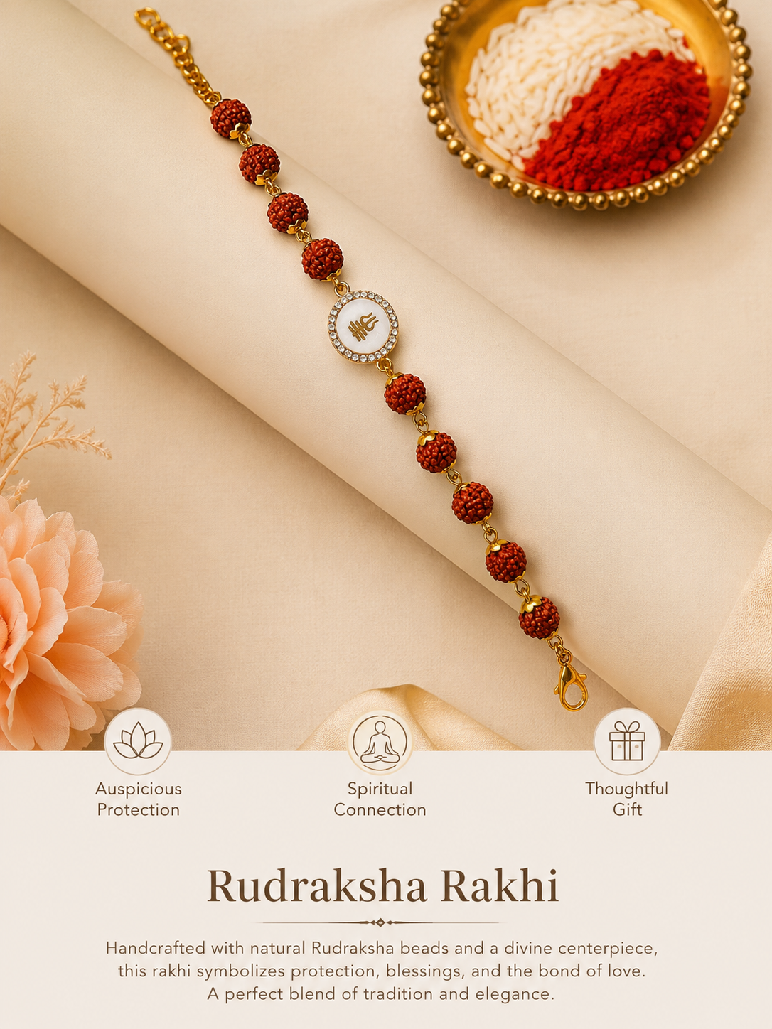 Premium Rudraksha Rakhi with Om Charm | Adjustable Gold Finish Rakhi Bracelet