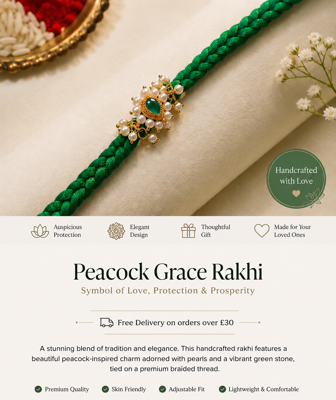 Peacock Grace Rakhi | Handcrafted Pearl & Emerald Green Designer Rakhi