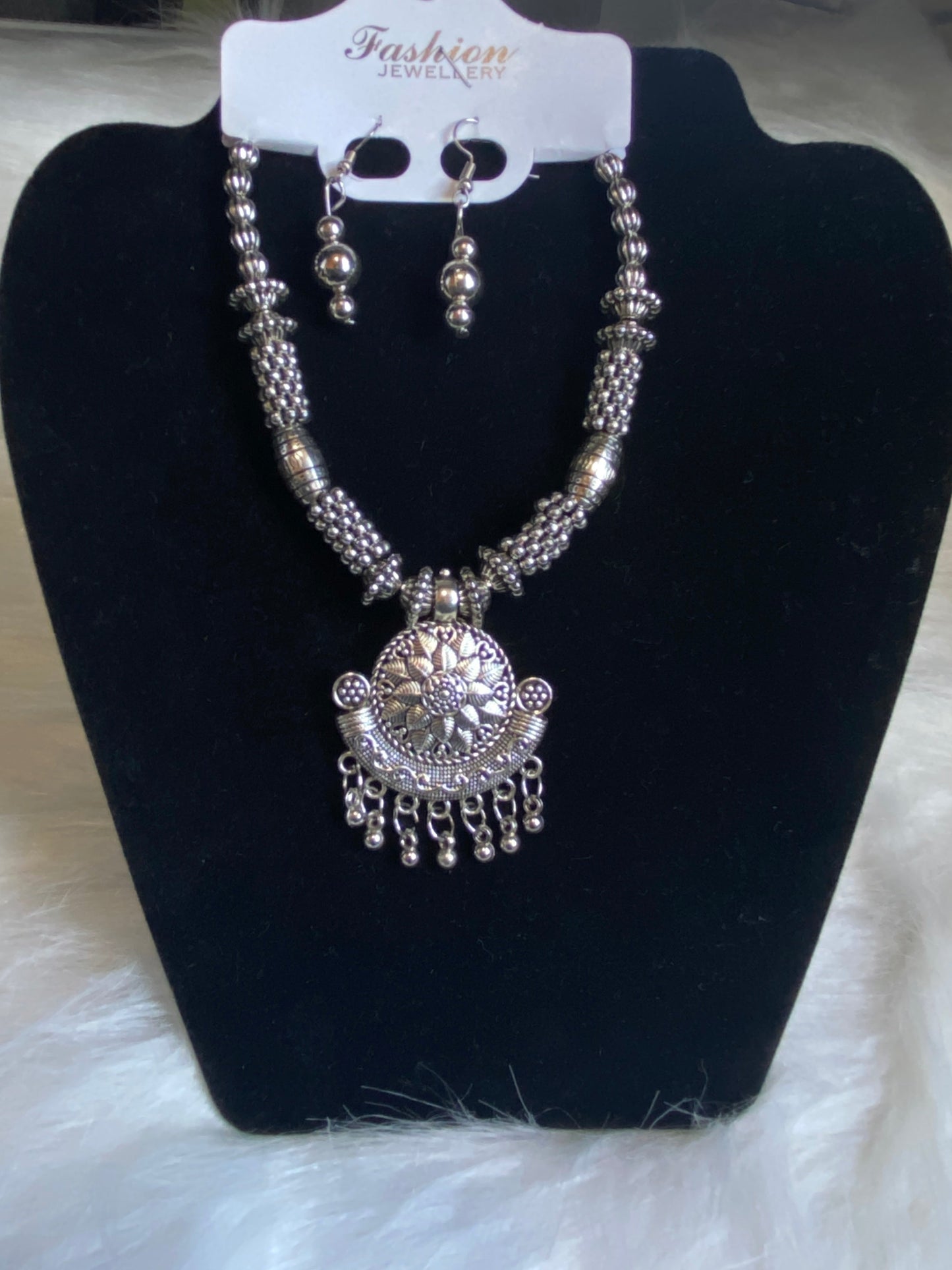 Oxidized Silver Tribal Necklace Set with Floral and different types of Pendant