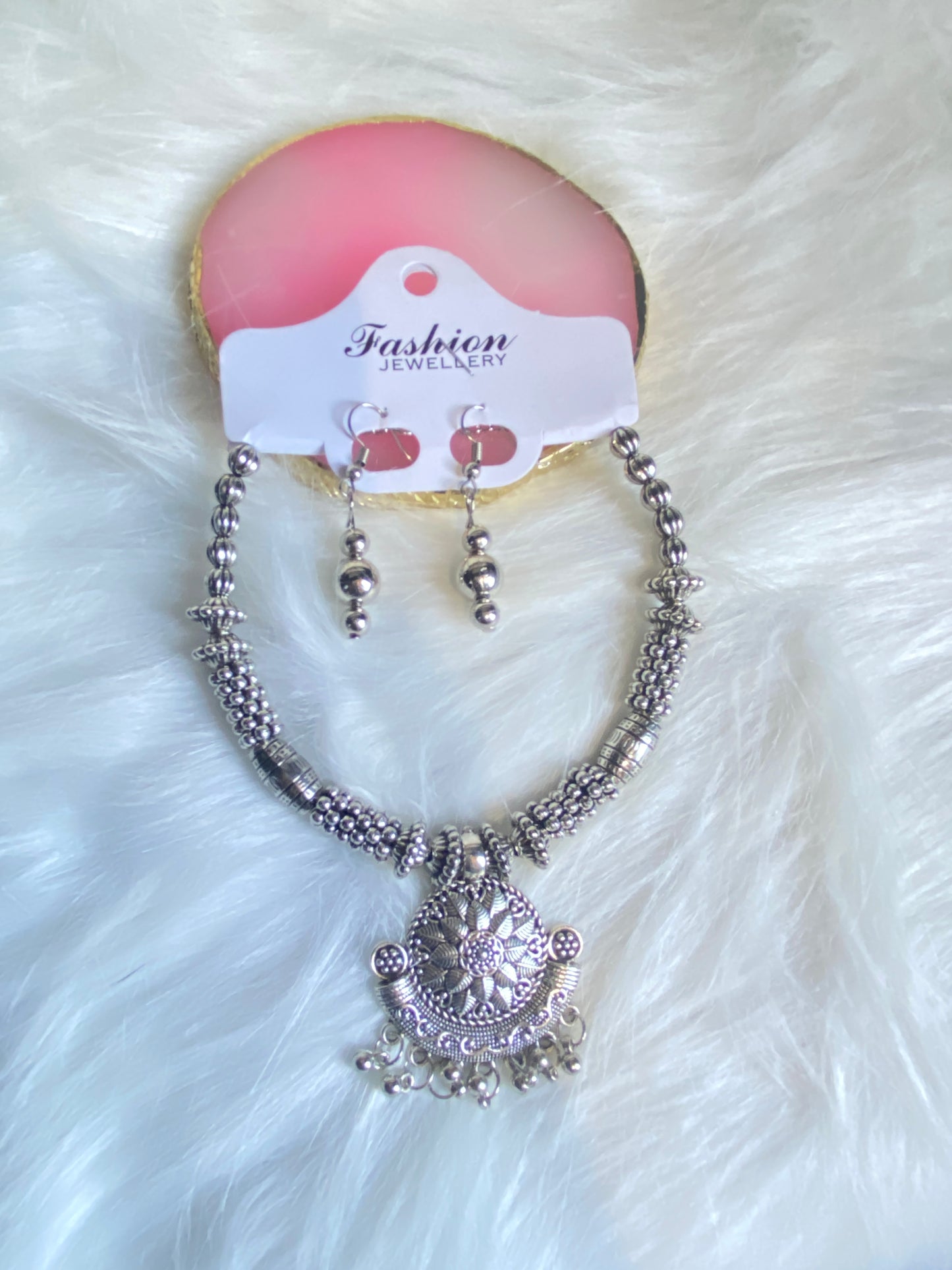 Oxidized Silver Tribal Necklace Set with Floral and different types of Pendant
