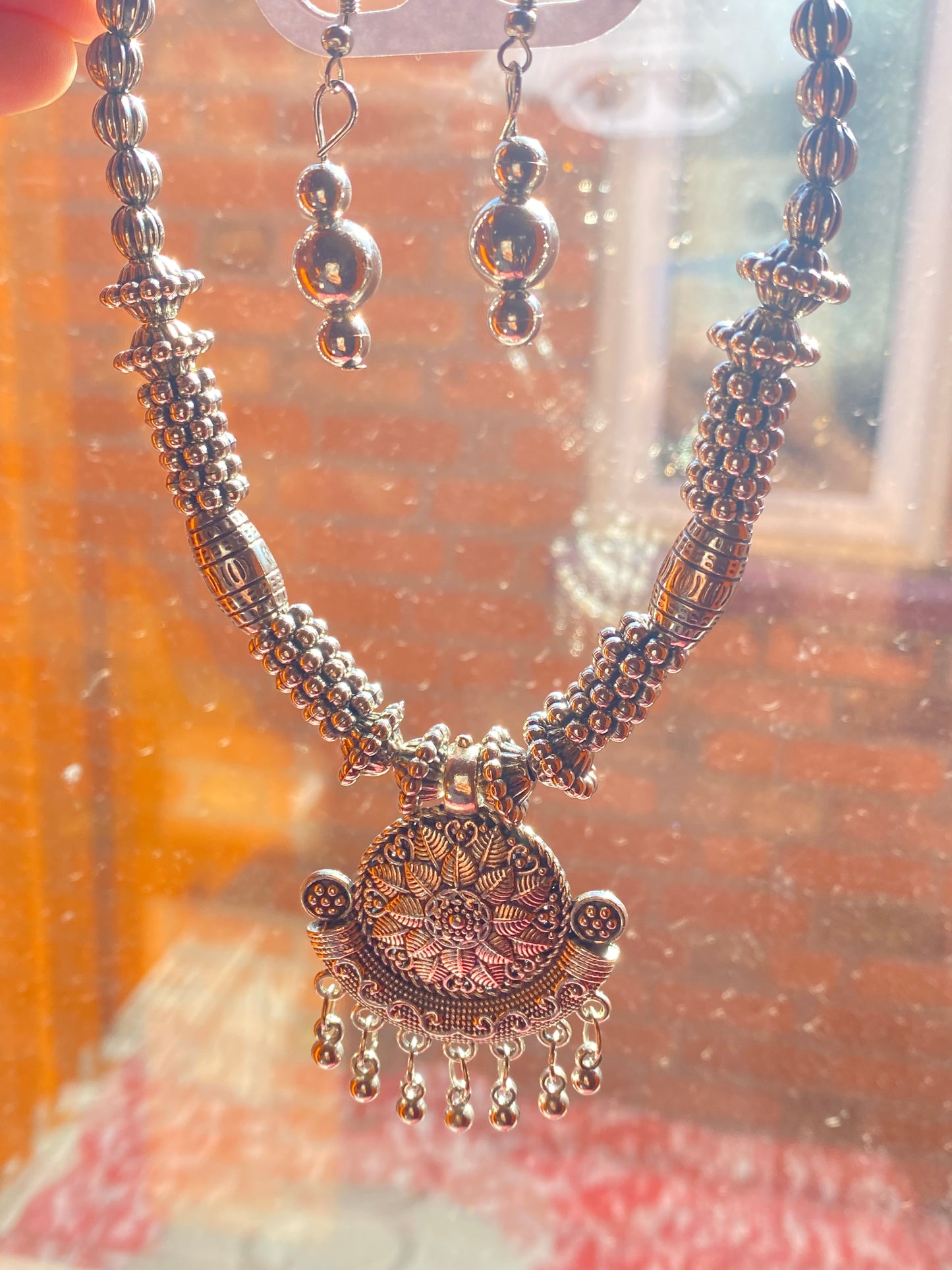 Oxidized Silver Tribal Necklace Set with Floral and different types of Pendant