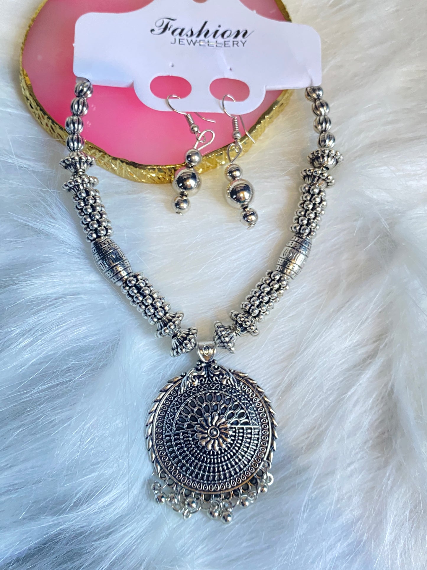 Oxidized Silver Tribal Necklace Set with Floral and different types of Pendant