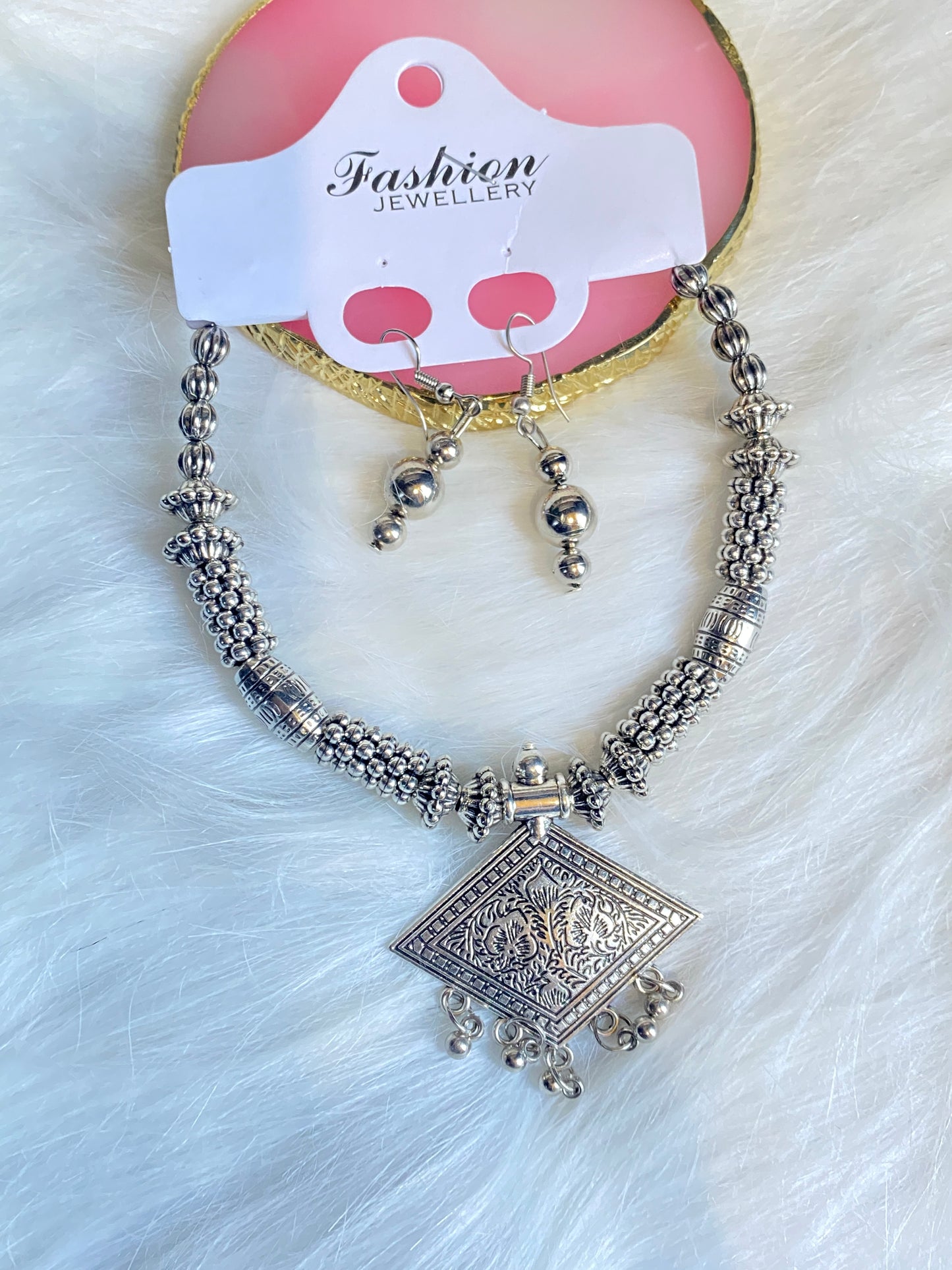 Oxidized Silver Tribal Necklace Set with Floral and different types of Pendant