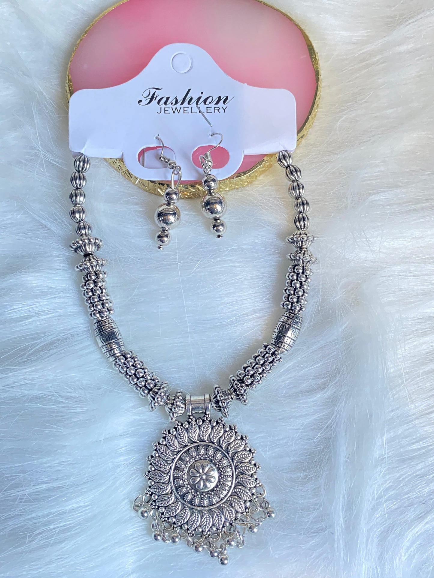 Oxidized Silver Tribal Necklace Set with Floral and different types of Pendant