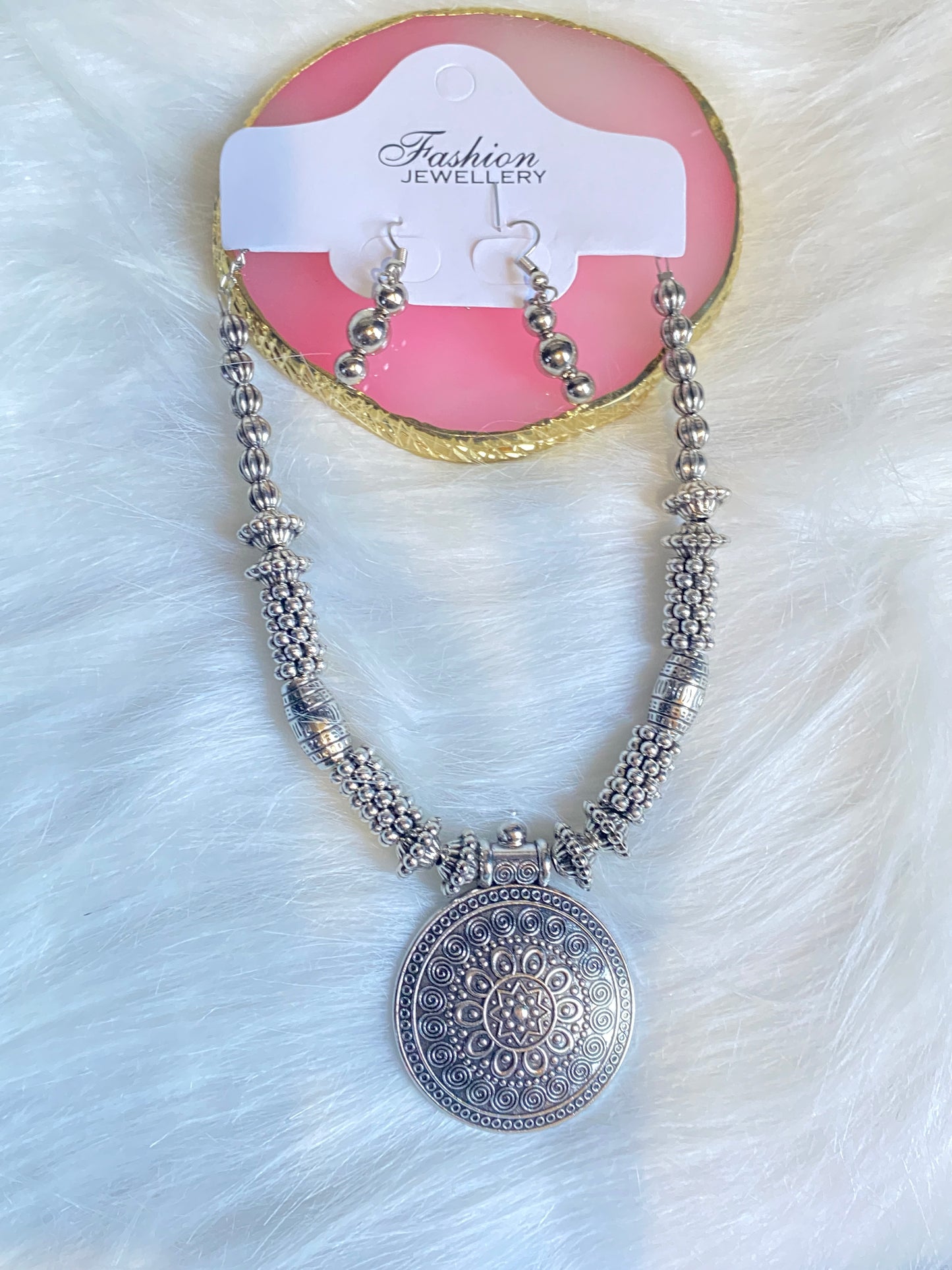 Oxidized Silver Tribal Necklace Set with Floral and different types of Pendant