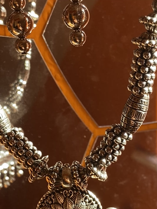 Oxidized Silver Tribal Necklace Set with Floral and different types of Pendant